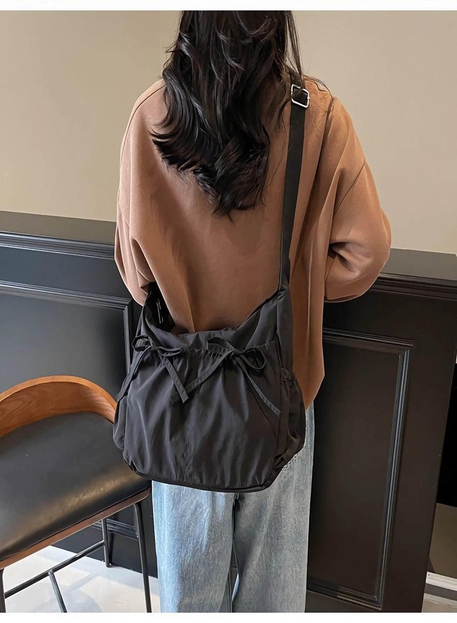 Winatehr black bow messenger bag for women, multi pocket nylon crossbody bags, cute y2k kawaii large shoulder bag, coquette college aesthetic trendy everyday purse - Image 2
